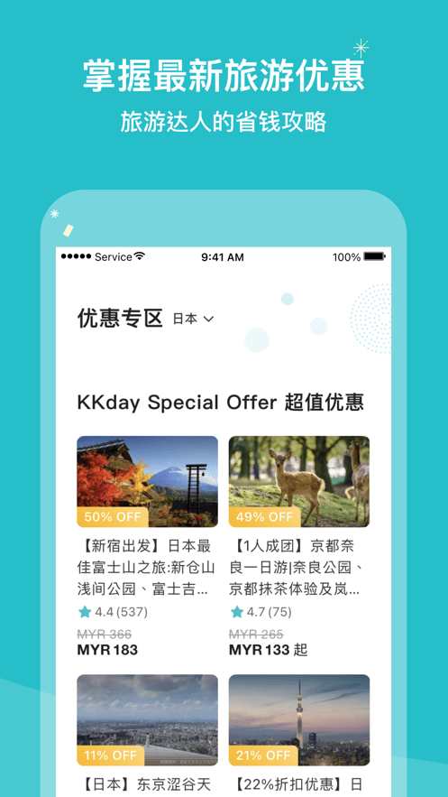 KKday App 优惠专区页面，展示按折扣排序的商品